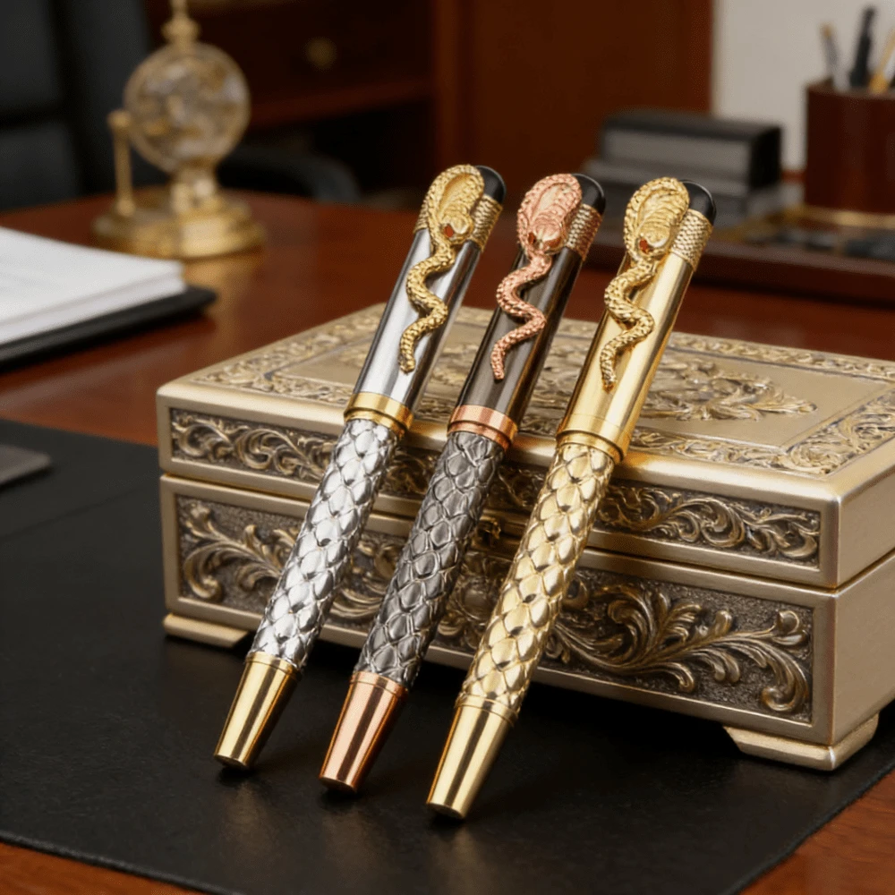 1支高品质金属圆珠笔，蛇形3D笔座设计，兼具圆珠笔和签名笔功能，笔帽镶嵌水钻，笔身采用蛇皮纹理——是送给男士、丈夫和父亲的理想生日礼物。商务办公礼品，配备0.7毫米黑色笔芯，适用于办公、商务、返校、日常文具和送礼场合。