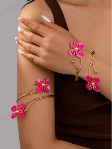 1 Set de brazalete y pulsera abierta con diseño de flor de gota de aceite, rojo y verde, diseño minimalista, versátil y de moda, adecuado para uso diario, fiestas y eventos de mujeres - Multicolor - Ver 10