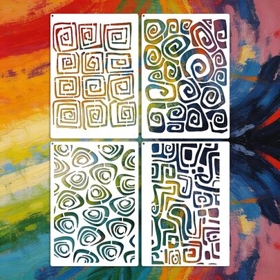 抽象几何图案模板（4种图案：正方形、螺旋形、漩涡形、迷宫形） - A4绘图模板，适用于墙面艺术、剪贴簿、家居装饰 - 可重复使用的绘图辅助工具