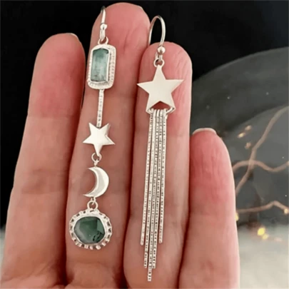 1 Pair Retro Asymmetric Star & Moon Tassel Earrings With Faux Gemstone, Bohemian Jewelry Suitable For Daily Wear Or Party Gift