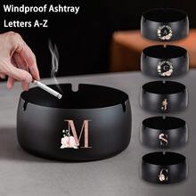Portable Stainless Steel Ashtray Anti-Scalding Cigarette Holder Desktop Round Ashtray Rose Gold Initial Letter Pattern Windproof Ash Tray For Smoking Office Home Decoration Ash Tray Holder - Black - View 1