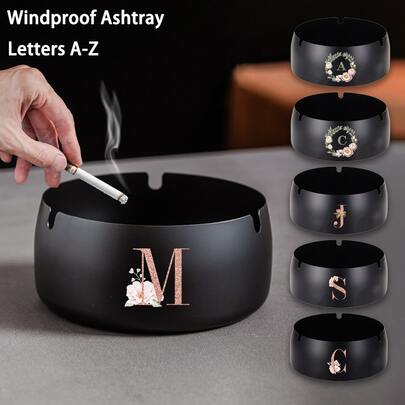 便携式不锈钢烟灰缸防烫香烟架桌面圆形烟灰缸玫瑰金字母图案防风烟灰缸适用于吸烟办公室家居装饰烟灰缸架