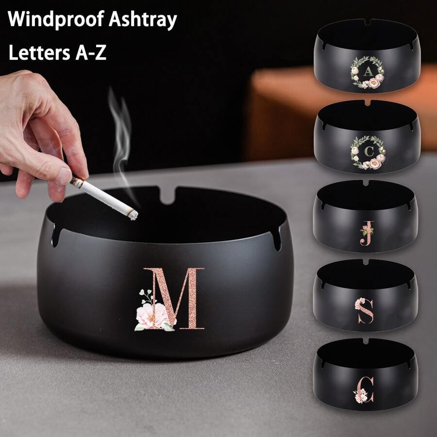 Portable Stainless Steel Ashtray Anti-Scalding Cigarette Holder Desktop Round Ashtray Rose Gold Initial Letter Pattern Windproof Ash Tray For Smoking Office Home Decoration Ash Tray Holder - Black - View 1