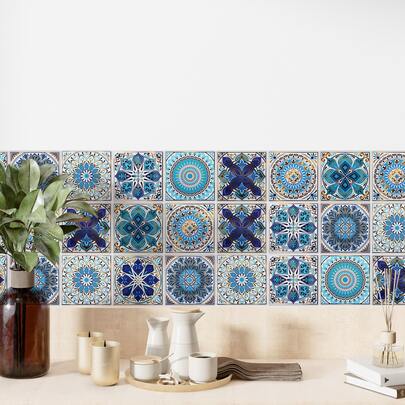 20片波西米亚风蓝色曼陀罗自粘墙贴，适用于厨房瓷砖装饰、客厅、厨房和卧室墙面装饰，乙烯基材质，尺寸：10x10厘米