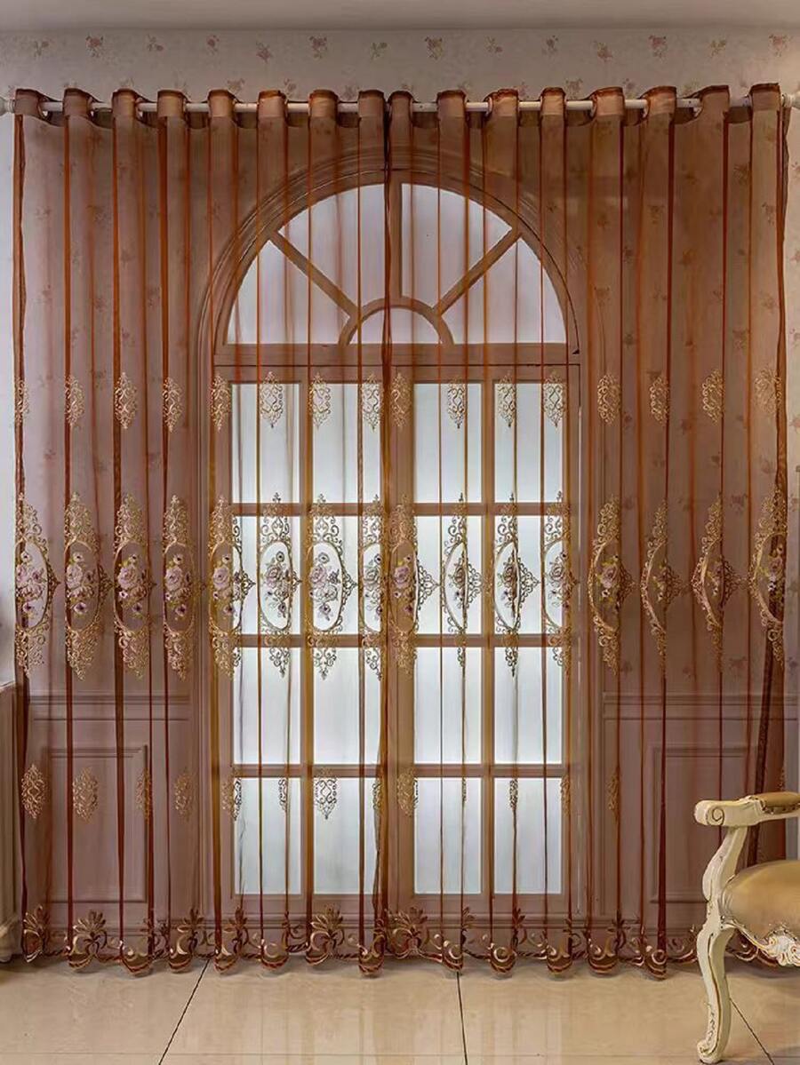 1pc Punched European Style High-End Luxury Embroidered Sheer Curtain, Heat Insulation, Blackout, Sun Protection For Living Room, Bedroom, Balcony - Coffee Brown - View 1