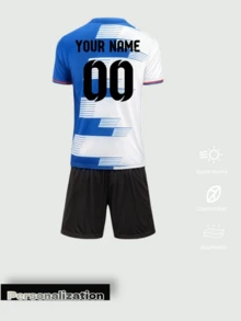 Bộ 2 áo và quần bóng đá màu xanh lam và trắng phối gradient tùy chỉnh - Tên và số đội cá nhân hóa, áo và quần bóng đá thoáng khí phù hợp cho nam và thanh thiếu niên, thích hợp cho tập luyện mùa xuân, hè và thu. - Màu xanh lam - Xem 3