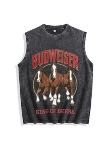 Sleeveless Printed Oversized T-Shirt, Y2K Style Street Fashion Men's Washed Vest (220g Pure Cotton), Vintage Pattern Fun Print, Hip-Hop Style, Men's Summer Round Neck Short-Sleeved Casual T-Shirt, Men's Summer Streetwear. - màu đen - Xem 1