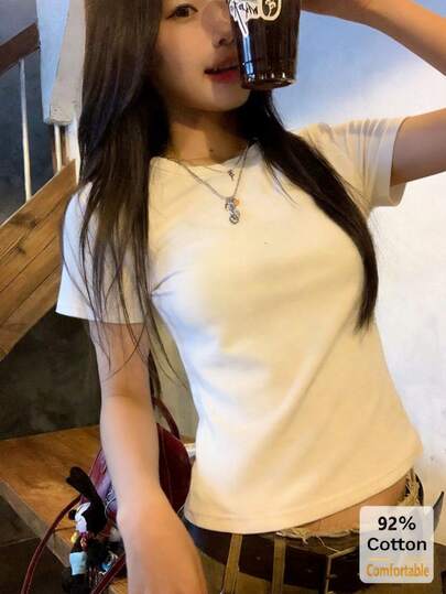 White Short Sleeve Cotton T-Shirt, Versatile Solid Color Casual Slim Fit Top For Women