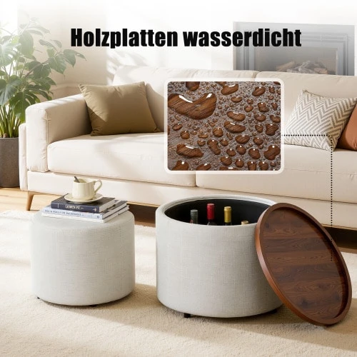 Ball & Cast Combined Dual-Purpose Storage Stools, With Linen Cover And Wooden Shelf For The Foot Stool, 58cm Round Coffee Table And Bench, Beige Colour. - Light Brown - View 1