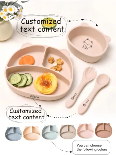 1/2/4pcs Personalized Silicone Customized Tableware Set, Customized Children's Spoon, Fork, Plate, Bowl, Baby Tableware, Customized Cute Bear Pattern Tableware Set, Customized Baby Training Spoon, Children's Creative Tableware Set, Birthday Memorial Gift, Children's Gift, Holiday Gift, Tableware With Customized Name