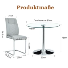 Dining Table And Chairs Set: Modern And Minimalist Glass Dining Table With A Diameter Of 85 Cm, Paired With 4 Dining Chairs With Silver Metal Legs And Light Grey PU Seats. - Light Grey - View 4