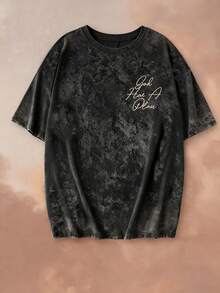 Áo thun ngắn tay cổ tròn nhuộm màu tie-dye thời trang mùa hè mới, in khẩu hiệu tiếng Anh, kiểu dáng thường ngày, đa năng, họa tiết hoa mai và cây thông, phù hợp cho nữ. Màu đen. - màu đen - Xem 5