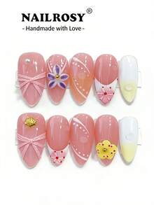 粉色3D酒红色花朵美甲贴/10片装 手工按压式美甲贴 杏仁形美甲贴 优雅美甲贴 3D凝胶美甲贴 Aura Nails 3D花朵美甲贴 春夏可重复使用假指甲贴 奢华美甲 适合节日、假期、生日 - 粉色 - 查看 10