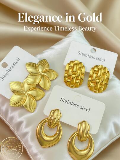 Stainless Steel Earrings, Golden Geometric-Shaped Stainless Steel Jewelry, Ladies' Earrings, Pituitary Earrings, Gold-Plated Hinge Round Earrings, Bamboo, Texture, Diamond Cutting, Hexagon, Square, Circle, Heart Shape, Teardrop Shape, Butterfly Shape, Leaves, Flowers, Irregular Shapes, Sturdy Hypoallergenic Earrings, Suitable For Sensitive Ears, Ladies' Charming Accessories, Middle Eastern Fashion Jewelry, Ramadan Decoration Jewelry And Accessories, Party And Festival Gifts (1/3 Pairs)