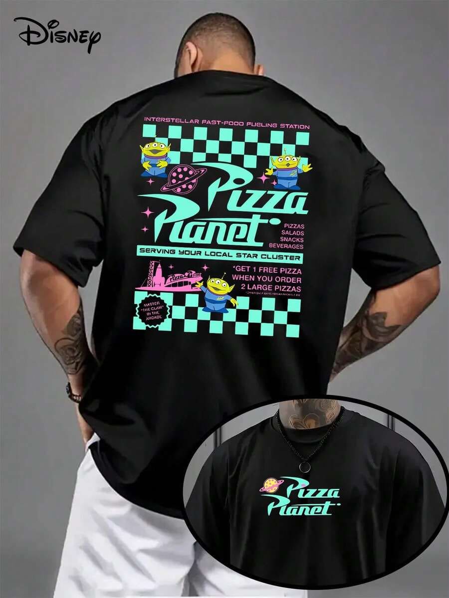 "Disney Official Genuine Authorization" Men's Toy Story Pisa Planet Alien T-Shirt Retro Plaid Design With Bass Lights And Jesse, Breathable Round Neck Casual Summer Cotton Shirt, Authorized Cartoon Character Shirt Men's Wear. - 黑色 - 查看 1