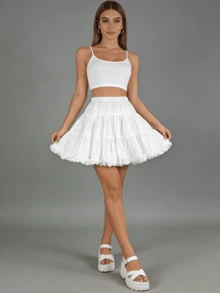 女士白色荷叶边衬裙 - 双层面料，松紧腰A字喇叭裙，适合洛丽塔、婚礼和角色扮演服装 - 白色 - 查看 2