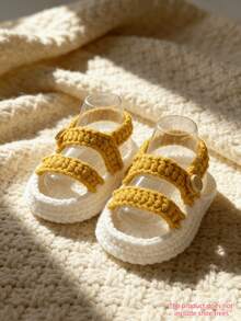 1 Pair Handmade Crochet Infant Sandals, Yellow Double Strap Design, White Sole, Infant Shoes - Yellow - View 1