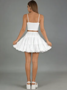 女士白色荷叶边衬裙 - 双层面料，松紧腰A字喇叭裙，适合洛丽塔、婚礼和角色扮演服装 - 白色 - 查看 6