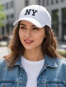 NY Curved Brim Cap For Men And Women, Adjustable, Embroidered, Casual, Unisex Premium Hat - 白色 - 查看 2