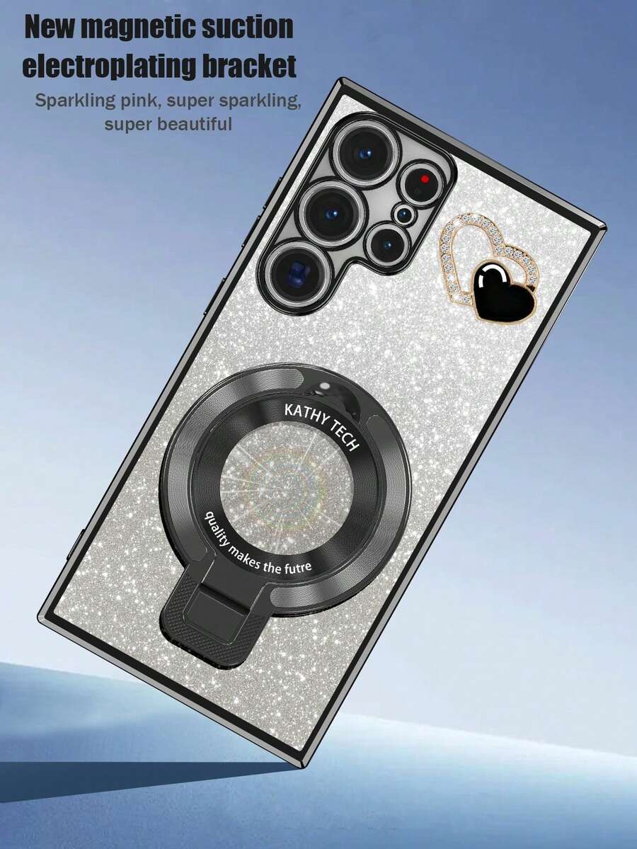 Heart-Shaped DIY Diamond + New CD Texture Foldable Bracket + Electroplated Bracket Phone Case, Anti-Drop, Suitable For Zero 30/Pop/Camon/Smart Series, 11/12/13/14/15 Pro Max, S22/23/24+, 13C+, Moto G, Note 13C/12/11 Pro, Enjoy 20/30/40/50/60/70, HONOR 90/80/70/60/50/X9/X8/X7/X6/X5 AB+, Anti-Drop New Electroplated Phone Case - Black - View 1