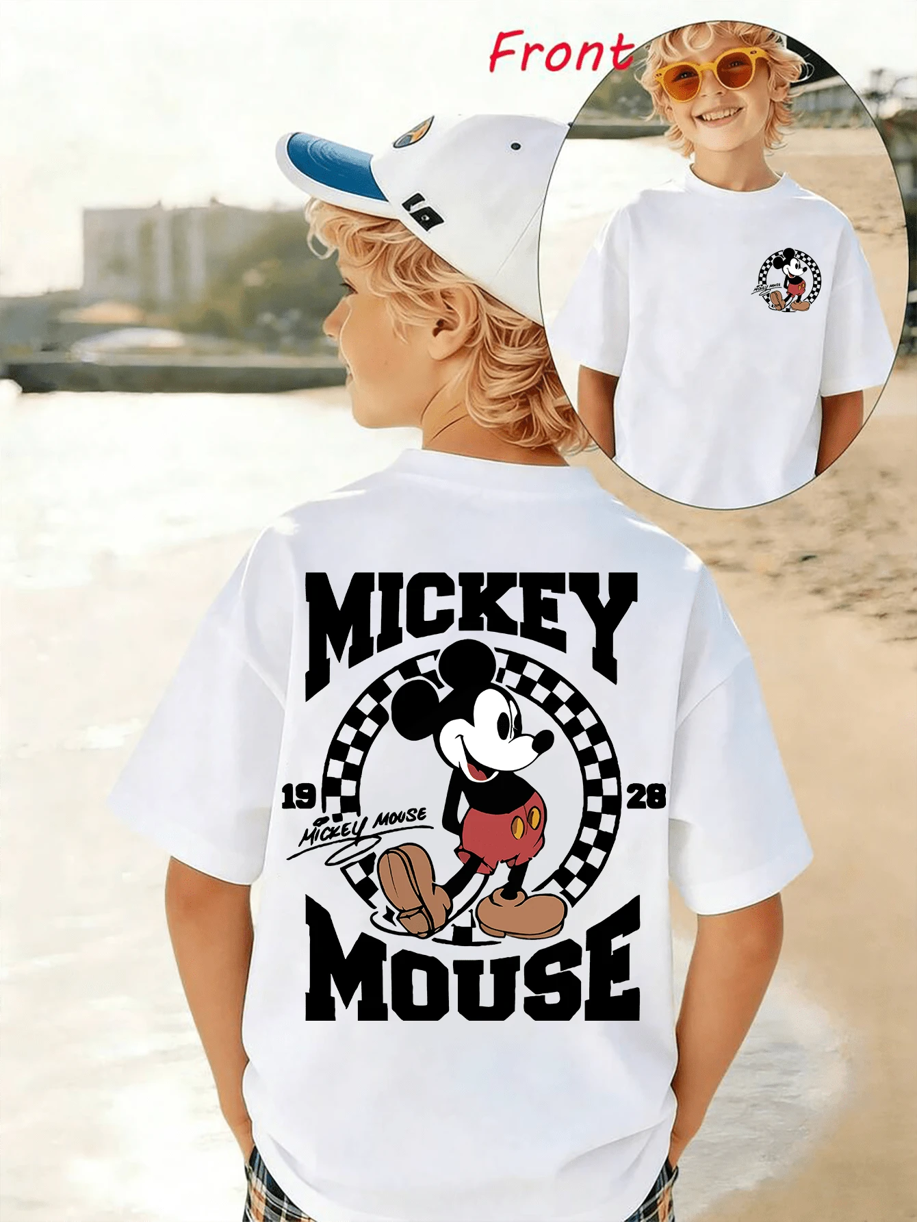 1pc Disney Mickey Mouse Playful Retro Emblem Tween Boys Fun T-Shirt - Comfortable & Lightweight, Ideal For School Days And Weekend Hangouts - 白色 - 查看 1