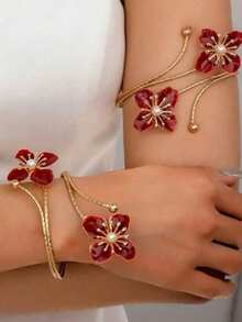 1 Set de brazalete y pulsera abierta con diseño de flor de gota de aceite, rojo y verde, diseño minimalista, versátil y de moda, adecuado para uso diario, fiestas y eventos de mujeres - Multicolor - Ver 6