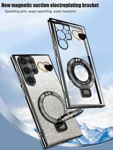 Heart-Shaped DIY Diamond + New CD Texture Foldable Bracket + Electroplated Bracket Phone Case, Anti-Drop, Suitable For Zero 30/Pop/Camon/Smart Series, 11/12/13/14/15 Pro Max, S22/23/24+, 13C+, Moto G, Note 13C/12/11 Pro, Enjoy 20/30/40/50/60/70, HONOR 90/80/70/60/50/X9/X8/X7/X6/X5 AB+, Anti-Drop New Electroplated Phone Case - Black - View 2