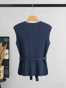 GIGOGOU 女士无袖棉质针织背心，配腰带，春夏休闲T恤 - 藍色 - 查看 6