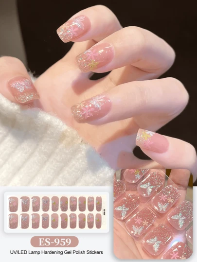 Emi Cured Gel Nail Strips , Clear Base, 20 Pcs Gel Nail Wraps, Stickers, UV Light Required, Salon Quality, Long Lasting,ES20 Cross-Border Wholesale Drop Shipping Red Book Same Style Nail Stickers Nail Stickers For Fingertips