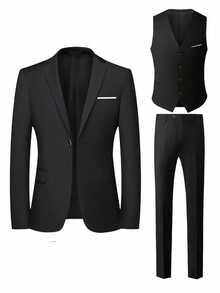 Men's Slim-Fit Black 3-Piece Suit - Elegant Black And White Wedding And Formal Wear, Long Sleeves, Button Closure, Non-Stretch Fabric, Suitable For Office Meetings And Elegant Events All Year Round, Wedding Attire, Slim-Fit Suit - màu đen - Xem 2