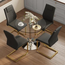 Table And Chair Set: Modern Minimalist Style Glass Dining Table With A Diameter Of 85 Cm, Paired With 4 Black PU Dining Chairs With Gold Metal Legs. - Dark Grey - View 2
