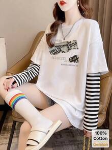 二合一条纹长袖T恤，宽松时尚字母报纸印花休闲款 - 白色 - 查看 4