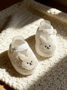 1 Pair Infant Slippers With Bunny Applique, Beige Aand White, Infant Footwear - White - View 3