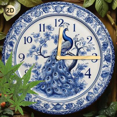 优雅的蓝白瓷孔雀挂钟 - 静音、圆形、电池供电（不含电池） - 卧室、客厅和餐厅装饰的理想之选