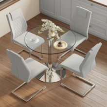Dining Table And Chairs Set: Modern And Minimalist Glass Dining Table With A Diameter Of 85 Cm, Paired With 4 Dining Chairs With Silver Metal Legs And Light Grey PU Seats. - Light Grey - View 3