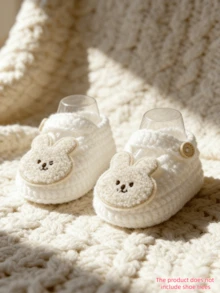 1 Pair Infant Slippers With Bunny Applique, Beige Aand White, Infant Footwear - White - View 8
