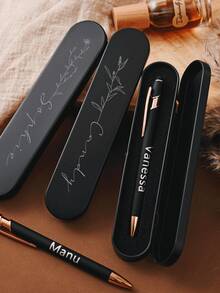 Customized Text Touch Ballpoint Pen Box Set, Rectangular Tin Pencil Case, Stationery Box With Connected Flip Cover - Black - View 7