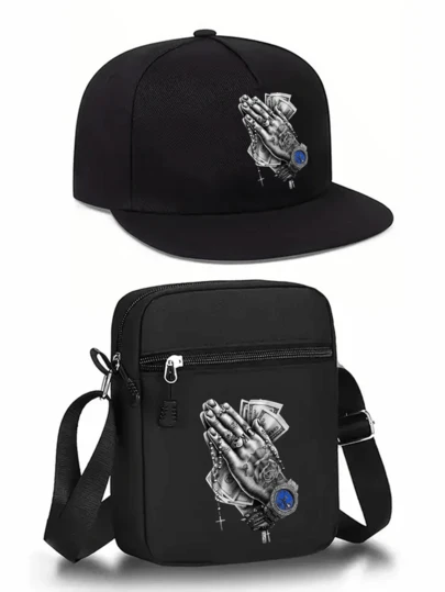 1pc/2pcs Hip Hop Hand Gesture & Cross Design Print Baseball Cap And Crossbody Bag Set, Street Style Fashion Outdoor Sports Adjustable Flat Brim Cap And Shoulder Bag, Gift For Friends And Anniversaries