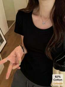 短袖T恤，百搭短袖T恤，女士短袖上衣，修身纯色打底衫，休闲黑色夏季款 - 黑色 - 查看 3
