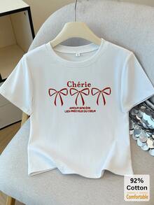 纯棉英文字母“Bow”印花白色短袖T恤，百搭露脐上衣，性感时尚 - 白色 - 查看 3