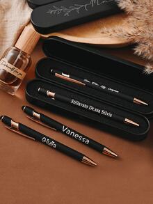 Customized Text Touch Ballpoint Pen Box Set, Rectangular Tin Pencil Case, Stationery Box With Connected Flip Cover - Black - View 9