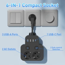 Ổ cắm điện đa năng 6 trong 1 với cổng USB, thiết kế nhiều công tắc, bộ chuyển đổi du lịch, cổng sạc USB, công tắc độc lập, có thể gắn tường, thích hợp cho văn phòng/gia đình, trạm sạc ổ cắm điện kéo dài - Phích cắm loại EU E (220-240V) - Xem 9