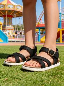 Summer New Fashion Versatile Boys/Girls PU Strap Design Roman Sandals, Soft Breathable Foot Protection Non-Slip Sole Lightweight Sandals - Black - View 2