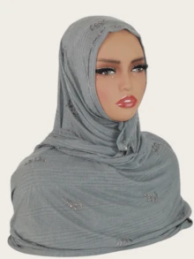 1pc Women Rhinestone Hijab,Elastic Ribbed Material Fashion Headscarf With Rhinestone Pressed Design, Sophisticated Malaysian-Style Hijab/Long Scarf, Middle Eastern Fashion For Dress - Pitted Leaf Drill Long Scarf - View 20