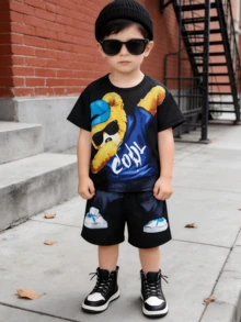 2pcs/Set Boys' Casual Fashionable Camo T-Shirt And Shorts Set, Spring New Arrival - Black - View 5