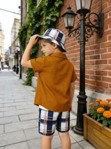 3pcs Boys' Summer Set: Yellow Collar Shirt + Yellow & Blue Plaid Shorts + Matching Sun Hat, Casual Stylish Kids Outfit - Brown - View 2