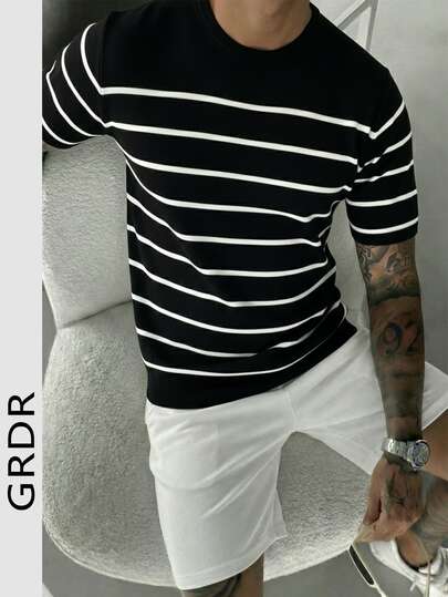  GRDR T-shirt en tricot à manches courtes rayé noir et blanc avec couleur contrastée grande taille, marque de niche américaine de streetwear décontracté