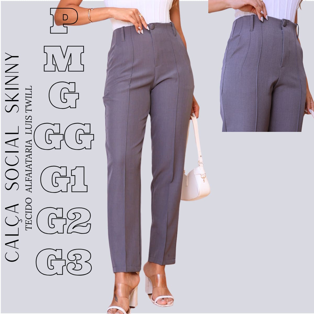 Calça Alfaiataria Social Feminina Cintura Alta Skinny Tecido luis twill Marrat  Escritório