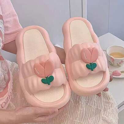 Women's Tulip Embossed Cloud Slippers, Soft Anti-Slip Bathroom Slippers, Cute Heart-Shaped Beach Sandals Suitable For Indoor & Outdoor Wear