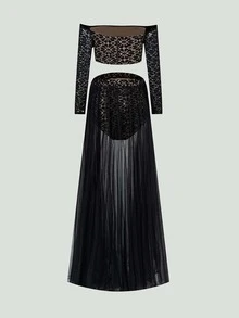Faeriesty 2pcs Maternity Dress Set, Including Off-Shoulder Lace Top And Sheer Skirt With High Slit Black - Black - View 9